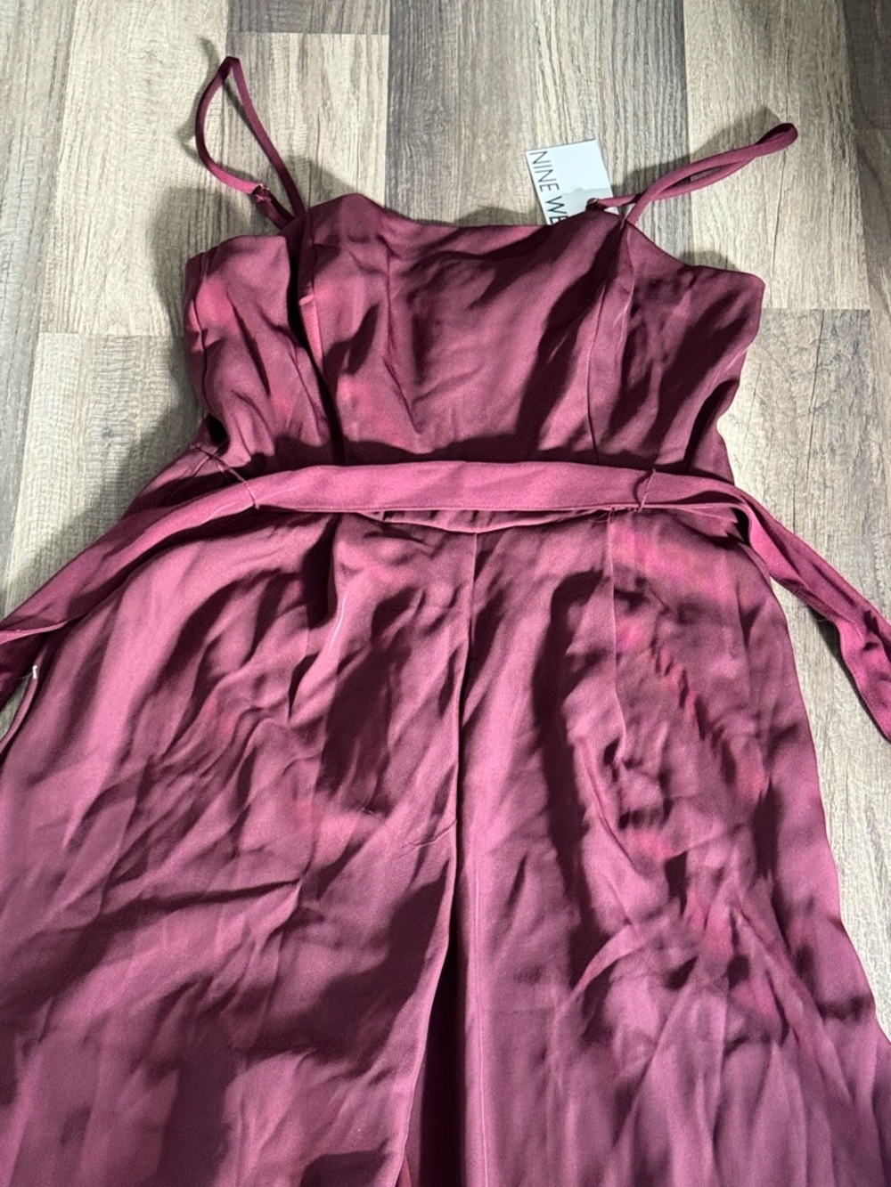 Nine West Burgundy Spaghetti-Strap Wide-Leg Jumpsuit with Tie Waist - Picture 2 of 3
